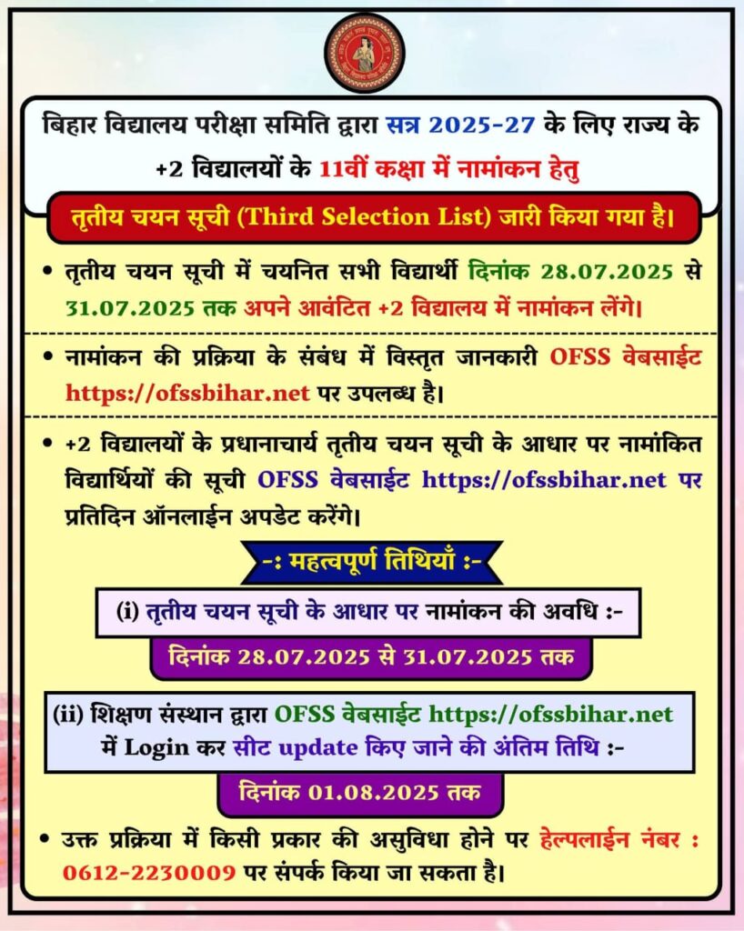 Bihar Board 11th 3rd Merit List 2025 Important Dates